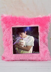 Fur Square Pillow Pink(16×16 inch) (With Filler and Zipper Bag)